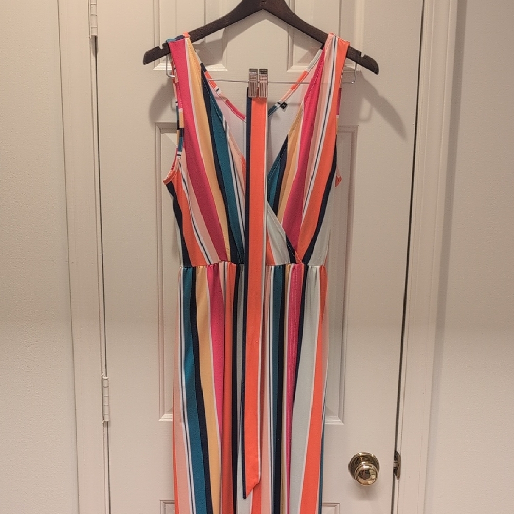 Multicolor Striped Sleeveless Dress With Tie For Waist Size M Stretchy Material